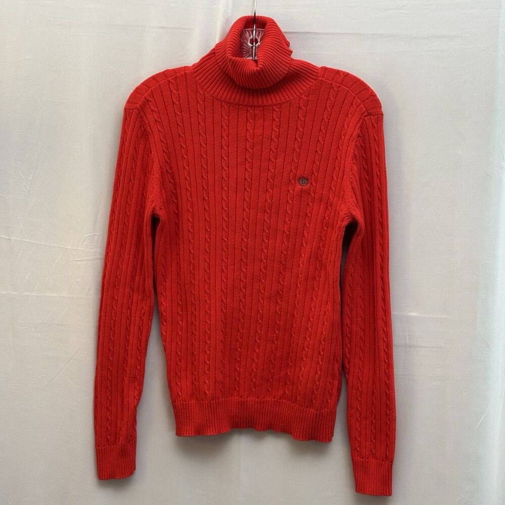 IZOD Womens Large Red Cable Knit Turtleneck Sweater 100% Cotton Pullover